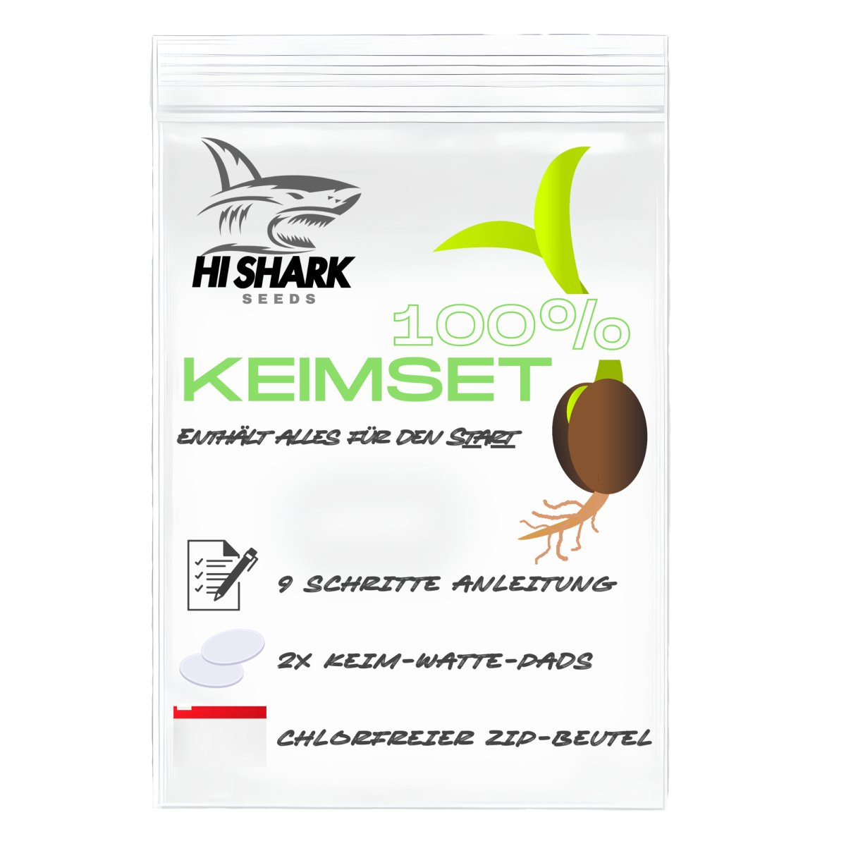 KEIMSET - Perfekte Keimung Ihrer Cannabissamen mit dem exklusiven Keimset von Hi Shark! Dieses Set enthält alles, was Sie benötigen, um Ihre Samen sicher und effizient zum Keimen zu bringen. Inhalt des Keimsets: 2 hochwertige Wattepads: Diese Wattepads bi